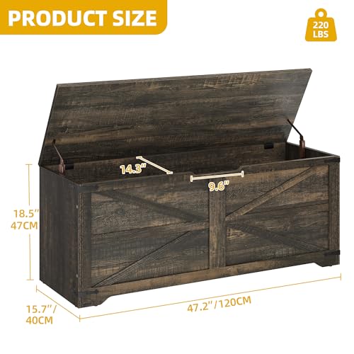 Dwvo MADWVPSFK6 Storage Bench, 47.2 Inch Farmhouse Storage Chest With 2 Safety Hinges, Wooden Storage Organizer, Shoe Bench For Entryway, Bedroom, Living Room, Dark Rustic Oak thumb #2