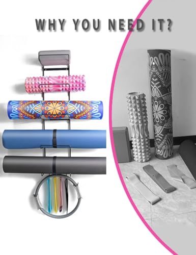 MRZZATA 5-Tiers Yoga Mat Holder Wall Mount, Metal Storage Rack for Yoga Mat/Wheels, Foam Roller and Block, Wall Rack with 4-Hooks for Hanging Stretching Strap, Resistance Bands