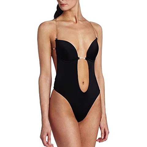 FULLANT Women's U Plunge Bodysuit Strapless Bra Backless Thong Bridal Shapewear Underwear with Invisible Clear Silicone Back Strap Black Cover
