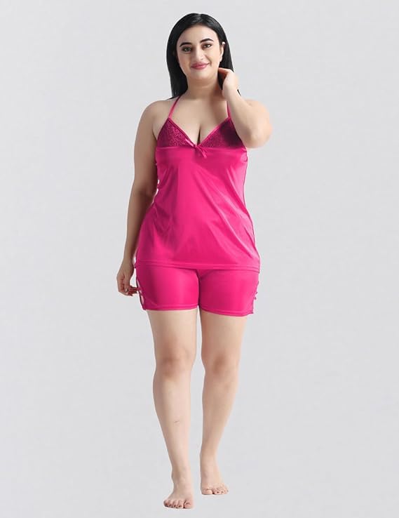 Image of Satin 6 Piece Nightwear Set, Coral Pink Lace Trim Sleepwear with Robe, Nighty, Top, Shorts, Lingerie Set for Women, Summer Collection-Mehndi Green.