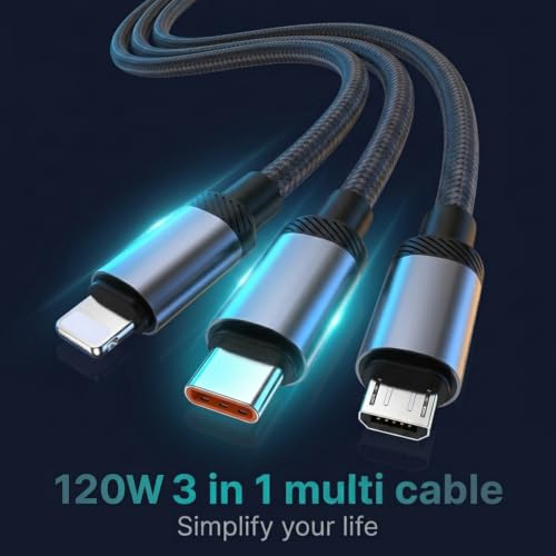 Image of Verilux 3 in 1 Type C Cable Fast Charging with Digital Display 6.6FT /2M, PD 120W Type C /27W Lighting /10W Micro USB Cable with 480Mbps Data Transmission for iPhone 17 /16 /15, Galaxy S26 /S25 /S24