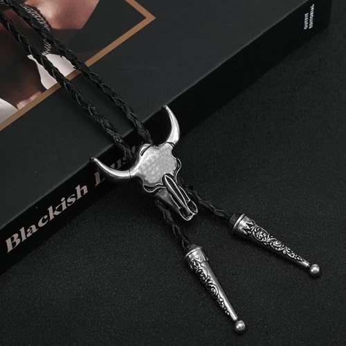 Image of Joxevyia Bolo Tie for Men Vintage Cow Skull Leather Rope Western Cowboy Necktie Vintage Bola Tie Gift for Him