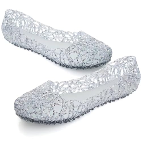 Image of Stunner Women Beach Jelly Shoes Slip On Crystal Summer Hollow Ballet Flats | Summer Cool PVC Breathable Outdoor Indoor Dressy Flat Sandals for Holiday Shopping Spa Swimming Pool