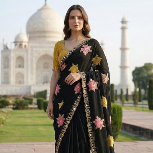 Image of Handcrafted Floral Embroidered Saree with Contrast Blouse