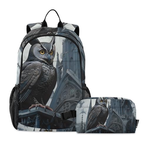 Backpack Lunch Bag Set for Travel Hiking Picnic, Gothic Owl Print Backpacks with Insulated Lunch Box