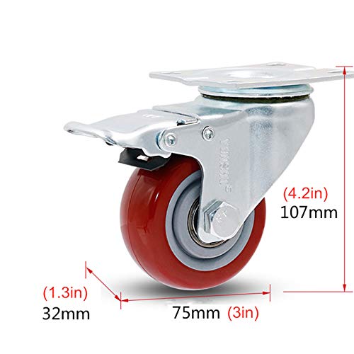 Roues pivotantes de 75 mm avec frein et plaque polyuréthane pour meuble - 4