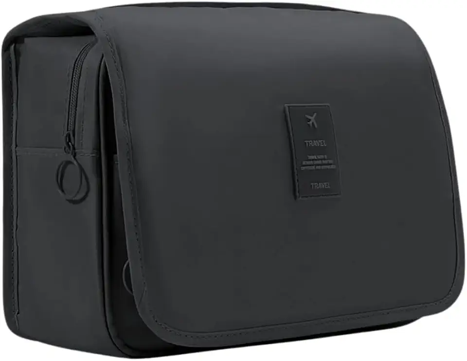 Necessaire Unissex Organizadora Portátil para Viagem e Uso Diário, Bolsos Internos, Fecho com Zíper, com Gancho para Pendurar, Várias Divisórias, Material Premium Resistente à Água (Preto)