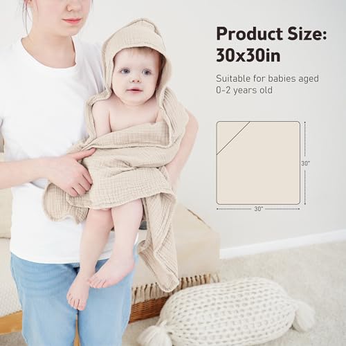 Image of Susurration Hooded Baby Towels for Newborn 2 Pack 100% Muslin Cotton Towel for Babies，Highly Absorbent and Newborn Essential 30x30 Inch Cream&Dark Green