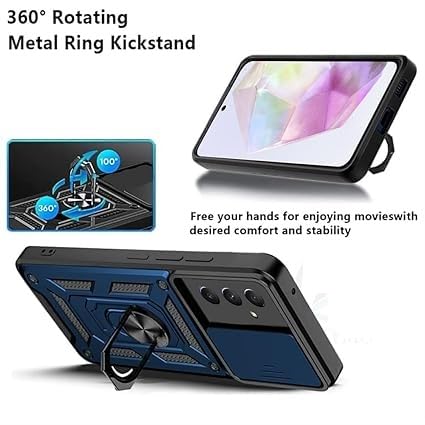 Image of SPAZY CASE Samsung Galaxy M36 5G Back Cover | Heavy Duty Hybrid Case with 360 Degree Rotating Finger Ring Holder + Slider Shutter Camera Protection Case for Samsung Galaxy M36 5G - Blue