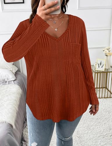 Image of Koscacy Women Plus Size Casual Knit Sweater with Pocket V Neck Solid Color Tops Lightweight Long Sleeve Blouses