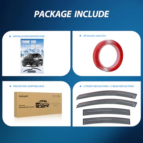 Image of Nilight Tape-On Window Visors for Chevy Cruze Sedan 2011-2015, 4PCS | Smoke Rain Guards and Wind Deflectors for 4-Door Models, Help Block Rain, Sun Glare and Road Wind