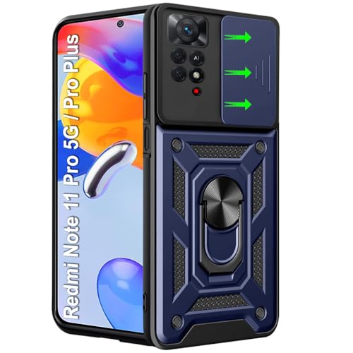 Image of TheGiftKart Tough Armor Bumper Back Cover Case for Mi Redmi Note 11 Pro /Pro Plus 5G | Kickstand & Ring Holder | 360 Degree Protection Back Cover Case (PC & TPU, Sliding Camera Cover, Blue)