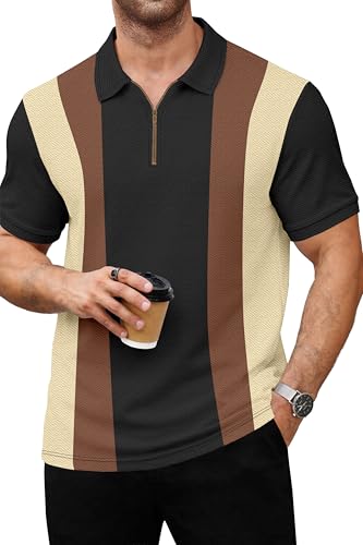 Image of Avix Men's Vertical Striped Polo Shirt with Half Zipper, Short Sleeve Collared T-Shirt Color Block Design