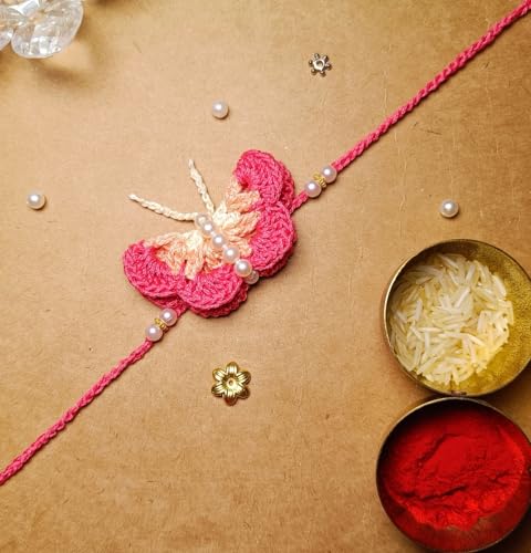 Image of Designer Butterfly Rakhi For Kids Baby Brother Bhai Sister Girls | Handcrafted With Soft Cotton Thread | Butterfly Crochet Rakhi For Kid Baby Boy Bro Brother Bhai Bhaiya Girl Sister Niece | Eco-Friendly & Soft on Skin | Pink Colour | Buy 2 Save 20%