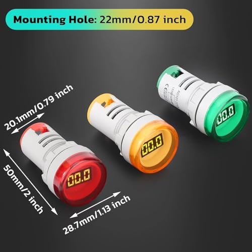 Image of XYNO AC 500V Voltage Meter, 3pcs AC 60-500V 110v 220v Voltage Monitor Digital Larger LED Screen Voltmeter Volt Detetor Green Red Yellow Signal Indicator Light Panel (Circular-Small, volt)