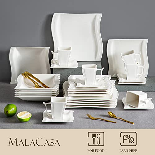 Malacasa Ivory White Dinnerware Sets, 60-Piece Square Dish Set For 12, Porcelain Dishes With Dinner Plates, Dessert Plates And Soup Plates, Cups And Saucers, Modern Dinnerware Oven Safe, Series Flora #TOP2