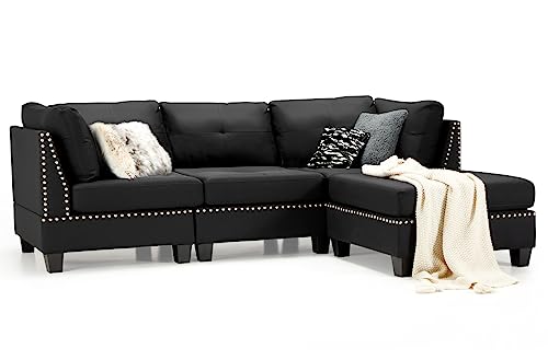 YODOLLA 225CM 3 Seater Sofa Modern Corner Sofa Bed with Footstool, Black Sectional Sofa L-Shaped Corner Chaise Sofa Couch for Living Room