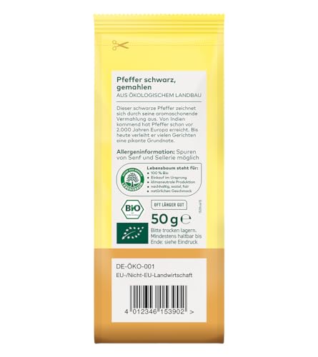 Lebensbaum Pfeffer Schwarz, Bio-Gewürz aus Indien, Schwarzer Pfeffer mit pikanter Grundnote, geeignet für Beilagen aller Art, gemahlen, 50g