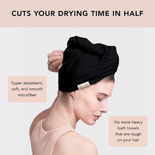 Kitsch Microfiber Hair Towel Wrap - Quick Dry Curly Hair Wraps For Women Wet Hair | Microfiber Towel For Hair | Hair Drying Towel Wrap | Hair Towels For Women | Hair Turban For Wet Hair (Black) #TOP5