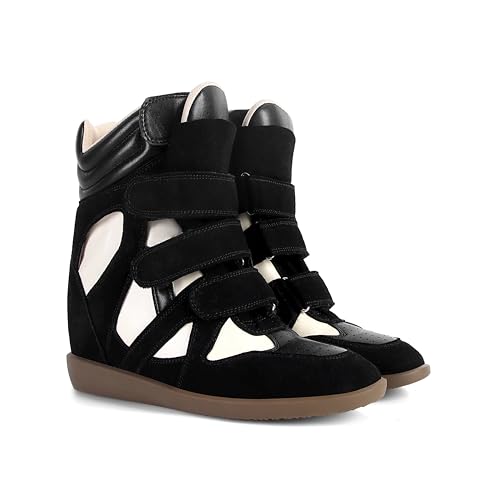 Image of Wedge Sneakers for Women Heels Suede Hook and Loop High Heel Tennis Round Toe Triple Strappy Band Casual Vintage Fashion Dressy Comfy Campus Trendy Retro Sneaker