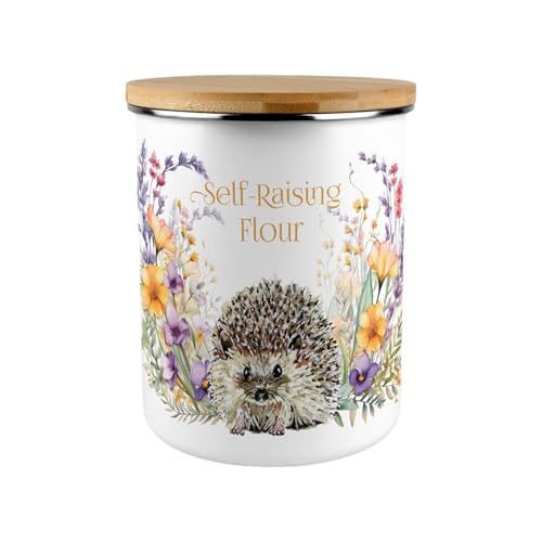 Purely Home Floral Hedgehog Self-Raising Flour Storage Canister - 2.7L Extra-Large Enamel Kitchen Baking Tin Gifts