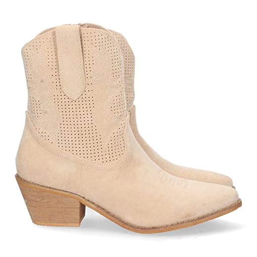 71543-Botin de Tacon Campero para Mujer, Comodo, con Perforado Mil Puntos en Cana, Bordado, y Cierre de Cremallera, Primavera Verano 2023. Talla 36 Beige