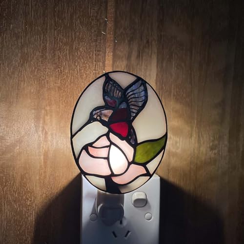 Image of Bieye L10937 Tiffany Style Stained Glass Hummingbird Flower Wall Lamp with Plug-in Night Light Socket for Home Decor