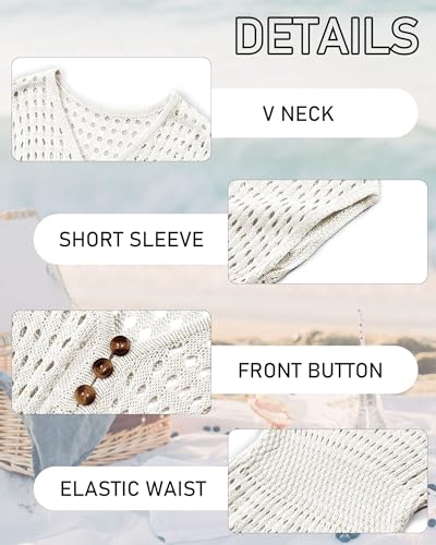Image of Haloumoning Girls Crochet Swim Beach Cover Up Kids Fashion Button Short Sleeve Swimsuits Cover Ups 5-14 Years