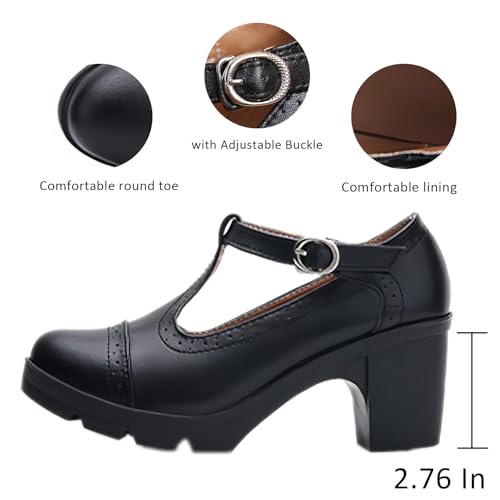 Women's T-Strap Wingtip Platform Chunky Heel Mary Janes with Adjustable Buckle Retro Round Toe Comfort Leather Anti-Slip High Block Heel Brogue Oxfords for Wedding Work Dress4