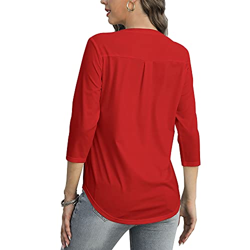 Davenil Women's 3/4 Sleeve V-Neck Tops Loose Tunic Blouses Irregular Hem Casual Shirts Watermelon Red Size Xl #TOP1