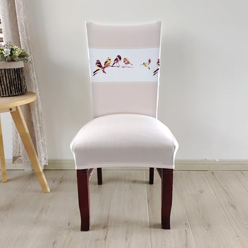 Image of House of Quirk Elastic Chair Cover Stretch Removable Washable Short Dining Chair Cover Protector Seat Slipcover (Pack of 6, Beige Bird)