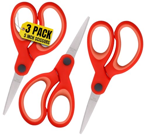 Kids Scissors Pointed Tip, Children Scissors, Craft Scissors, 5-inch, Red Two-Tone, 3 Pack
