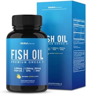 Fish Oil 3600 mg Lemon Flavor Soft Gels | Omega 3 + EPA & DHA | Brain Heart Joints Skin and Immune Support | 120 Count Non-GMO Omega-3 Burpless Softgels Supplements