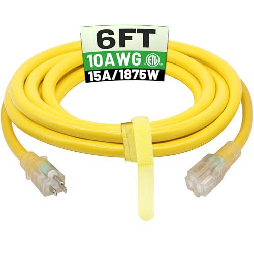 POWGRN 6 Ft 10AWG Outdoor Extension Cord Waterproof Heavy Duty 10 Gauge 3 Prong, Flexible Cold-Resistant Power Cord Indoor & Outside with Lighted Indicator End, 15Amp 1875W SJTW Yellow ETL Listed