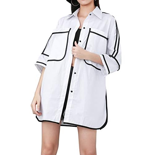 ellazhu Women's Casual White Shirt with Turn-Down Collar 3/4 Sleeves Button-Down Pockets GY1812 A One Size White