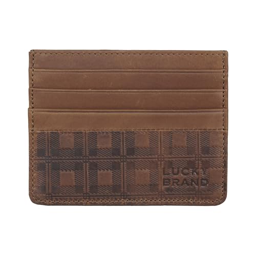 Lucky Brand Men's Slim Wallet Case | ID Window | Card Slot | Minimalist Design | Lightweight, Plaid Embossed Leather-Brown, One Size