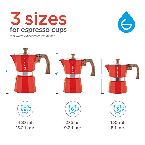 Image of GROSCHE Milano Stovetop Espresso Maker Moka Pot 6 espresso Cup, 9.3 oz, Red - Cuban Coffee Maker Stove top coffee maker Moka Italian espresso greca coffee maker brewer percolator