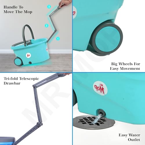 Image of Mr.Mop 360 Degree Round Spin Bucket Mop for Floor Cleaning with Rod Stick and 2 Microfiber Refill | Magic Pocha Set (Aqua Green (Plastic Jali))
