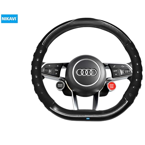 Image of NIKAVI Fashion Steering Wheel Cover - Black Color | Size - Small | Diameter 36 cm | O-Type | Car Steering Wheel Protector, Anti-Slip, Stylish Leather Finish Grip Cover for Round Steering Wheels