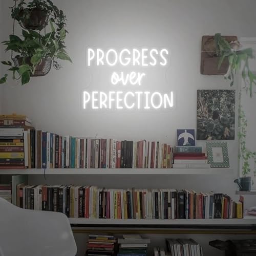 Image of Progress Over Perfection Neon Sign Dimmable Classroom Positive Led Light Up Sign Inspirational Letters Neon Light for Classroom Bedroom Library Study Room