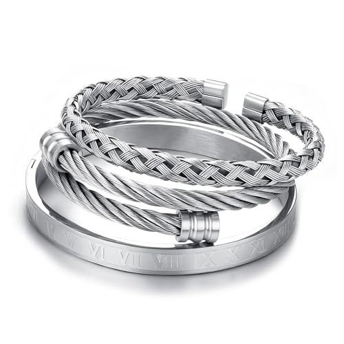 JeweBella 3 Stück Armreif Herren Edelstahl Luxus Römische Ziffer Armreif...