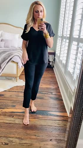 Lynwitkui Women V Neck Chiffon Blouse Short Sleeve Summer Casual Loose Shirt Tops Black #TOP5