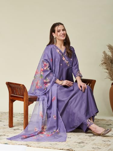 Image of MOKOSH Women's Silk Blend Embroidered Anarkali Kurta Pant with Dupatta | Anarkali Kurta Pant With Dupatta | V Neck 3 /4 Sleeve | Ethnic Wear | Floral Kurta 3 Color Available
