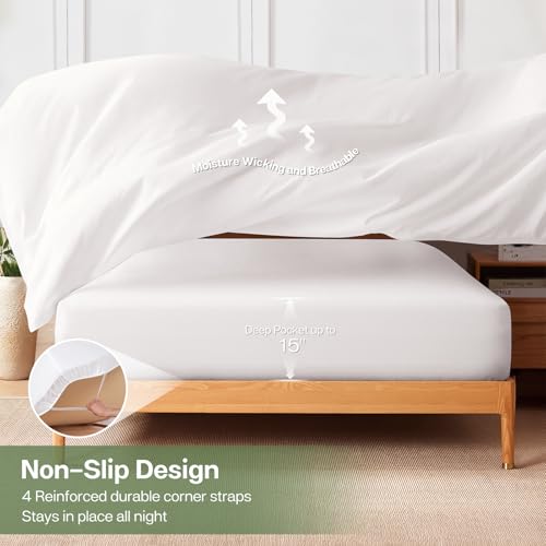 MR&HM Twin Sheets Set, 3-Piece Cooling Sheets, Rayon Derived from Bamboo & Polyester Blend, Soft & Silky, 15" Deep Pockets with Elastic Straps, Hotel Luxury for Hot Sleepers, White