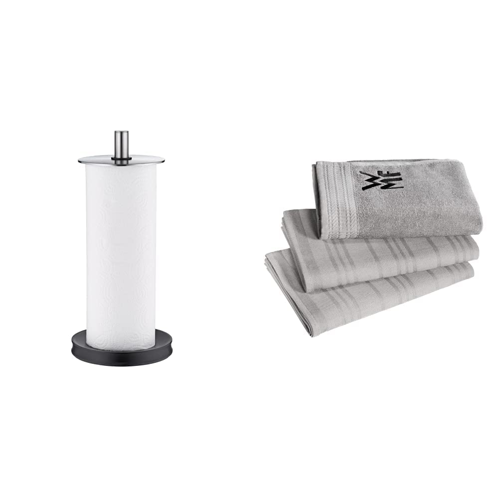 WMF Depot Küchenrollenhalter stehend 32 cm, Cromargan Edelstahl, Silikonfüße spülmaschinengeeignet & Küchenhandtuch-Set 3-teilig, Handtuch, Geschirrhandtuch, Baumwolle