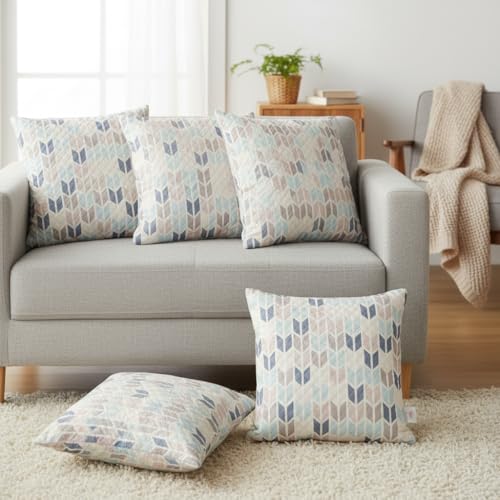 Image of STITCHNEST 'QuadraNest' Series Printed Quilted Velvet Cushion Cover 16x16 Inch Set of 5 | Premium Soft Fabric, Washable & Fade Resistant | Decorative Living Room Cushion Covers | Beige & Blue Chevron
