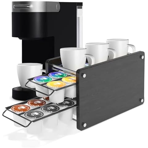 Ibyx Сoffee Pod Holders for K Cups - 2 Tier Coffee Pod Sliding Drawer for 20 K Cups Storage Capacity - Elegant Plexiglass Top and Metallic Coffee Pod Rack - Kitchen Counter Organizer (Black) Cover