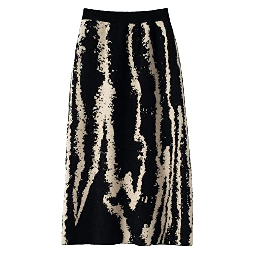 Shouqiao Falda Midi para Mujer Elegante Falda elástica de Punto Alta Falda de Cintura Alta Pintura de Tinta China Cómoda Falda Larga de línea A de Sretchy, Negra, M