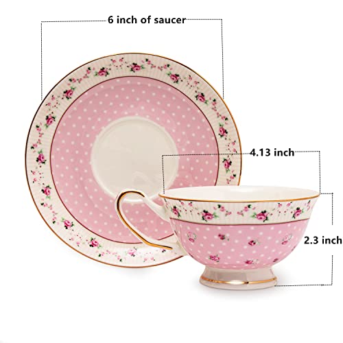 Glen Mila Bone China Tea Cups and Saucers Set Floral Tea Cups Fine China Tea Cups for Tea Party, 7-Ounce Rose Teacup Set Porcelain Coffee Cup Set for Women