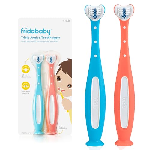 Image of Frida Baby Triple-Angle Toothhugger Training Toddler Toothbrush | Toddler Toothbrush 2 Years and Up, Cleans All Sides at Once | 2 Pack (Pink + Blue)